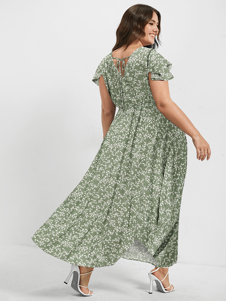 

Plus Size V Neck Butterfly Pattern Split Dress LightGreen Women Elegant Gathered V-neck Cap Sleeve Curvy Midi Dress BloomChic